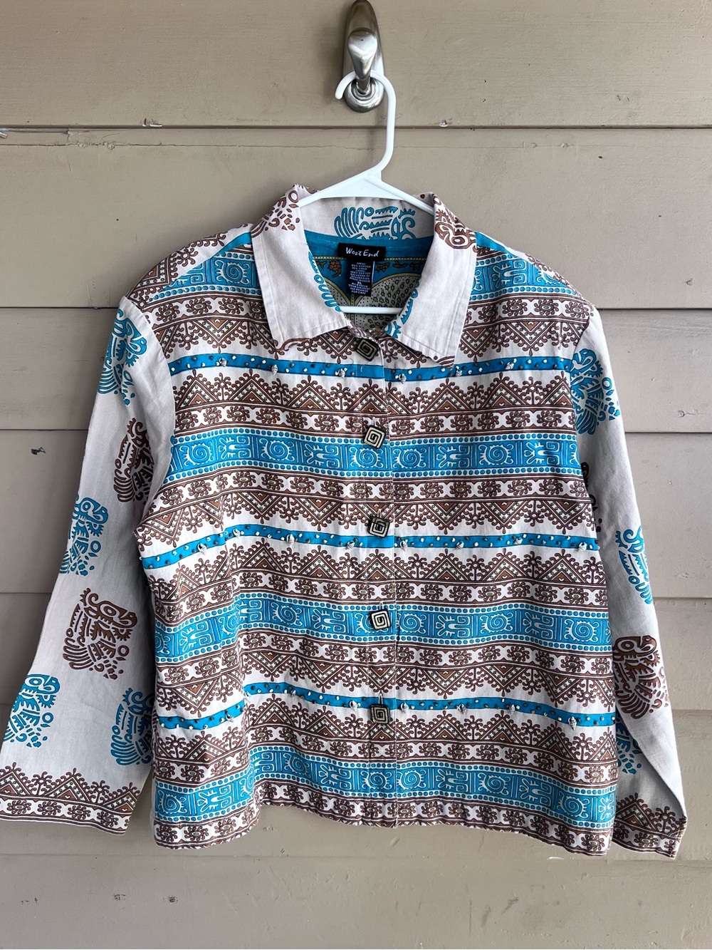 West End Button Up Jacket Batik Embellished Sea Shells Linen Blend Vintage XL